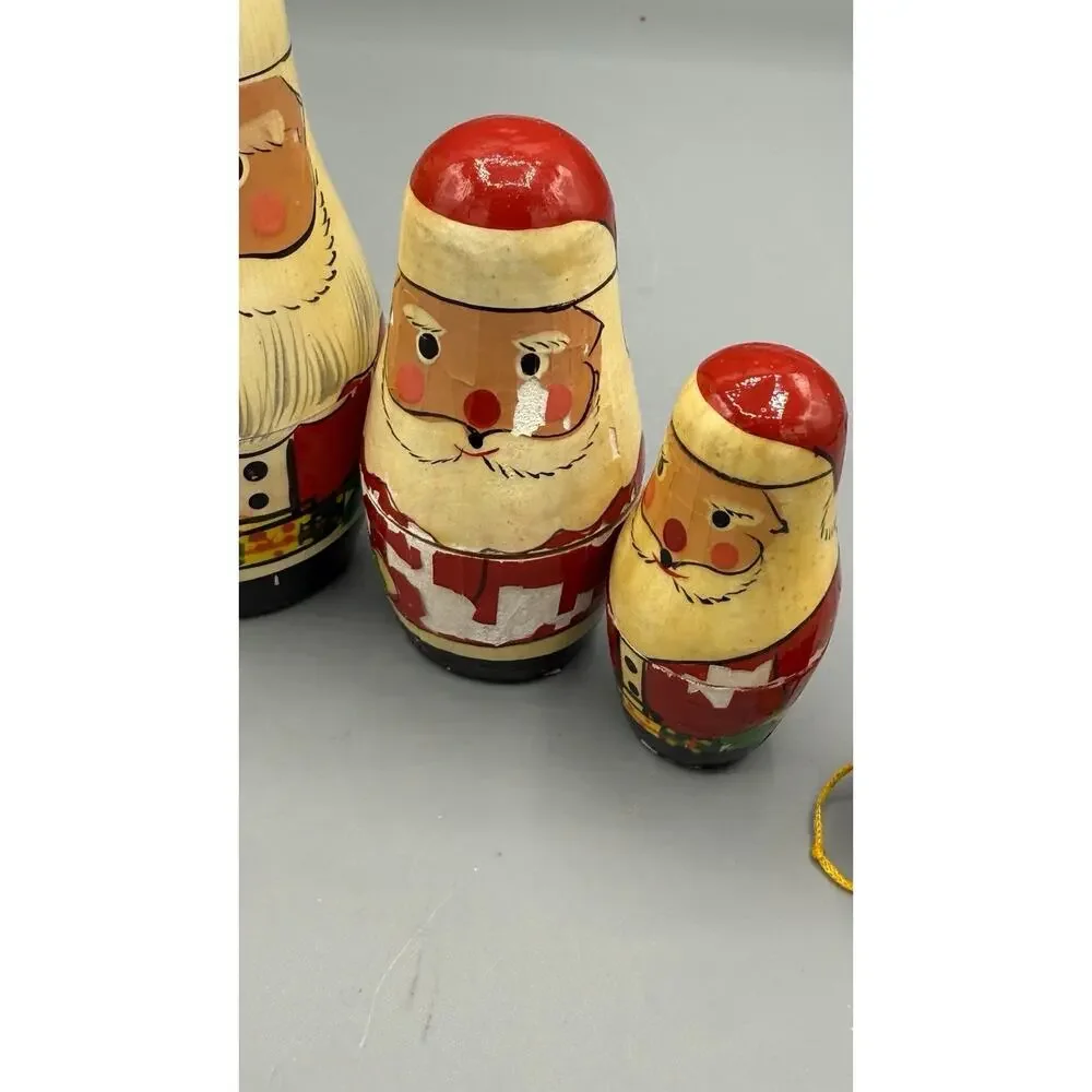 Vintage Wooden Santa Stacking Doll Set Folk Art Nesting Christmas As Is